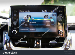 stock photo vilnius lithuania july interior of a new corolla touring sports hybrid car energy monitor 1470036839
